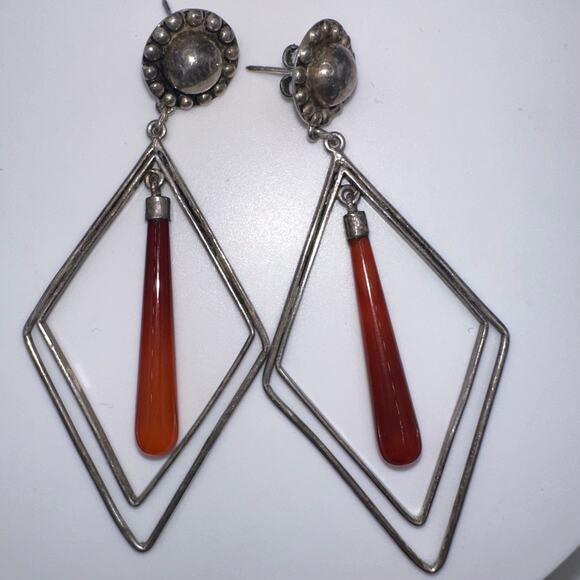 Vintage 925 sterling silver conchos genuine carnelian dangle drop post earrings - Picture 2 of 8